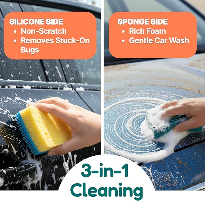 Flickly 3-in-1 Car Wash Sponge with Silicone Scrubber & Squeegee – All-in-One, Non-Scratch, Quick-Dry, Built to Last (Teal)