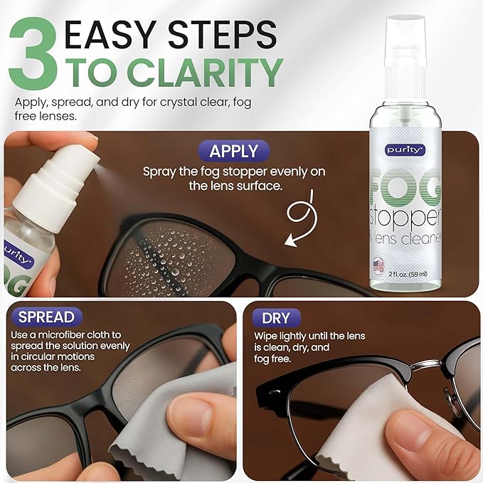 Purity Fog Stopper and Lens Cleaner Spray - Anti Fog Spray for Glasses & Non-AR Coated Lenses - Fog Blocker and Anti-Static Lens Cleaning Spray for Glasses, Eyewear, Goggles and Masks - 2oz