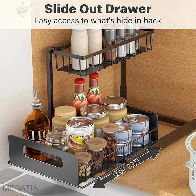 MERATIA Under Sink Organizer, 2 Tier Pull Out Cabinet Organizer,Slide out Metal Cabinet Organizers Multi-Purpose Drawer Shelf for Kitchen Bathroom Pantry Cabinet Closet Organization Rack,Black