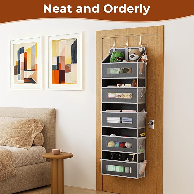 XyVoltic 5-Tier Over The Door Storage Organizer with 10 Side Mesh Pockets, 48 lbs Load Capacity, 3 Hooks Design, Door Hanging Organizer with Clear Windows for Bathroom, Bedroom, Nursery, Kitchen-Grey