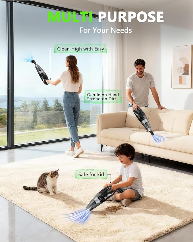 Jeagfen Handheld Vacuum Cordless, Rechargeable Car Vacuum Cleaner with Multiple Attachments, Portable Hand Held Vacuum Suction Power, Mini Vacuum for Car, Home, Pet Hair, Office, Desk, Keyboards Black