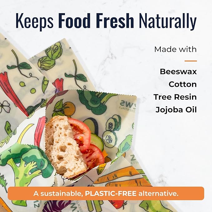 ZWS Essentials Beeswax Wraps, Reusable Cotton Food Storage Set for Kitchen, Lunch, Bread, Snacks, Bowls. Eco-Friendly Plastic-Free Alternative. 3-Pack Assorted - Veggies by Zero Waste Store