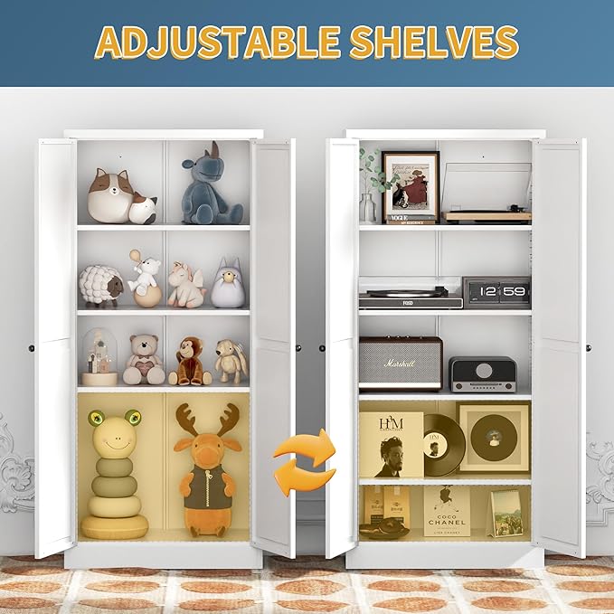 Kitchen Pantry Cabinet, 61" H Storage Cabinet with Doors and Adjustable Shelves, Metal Bathroom Cabinets, Utility Cabinets for Kitchen, Garage, Assemble Required, White