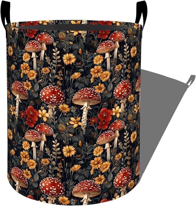 Whimsical Mushroom Laundry Basket with Handles, 19.7"x15.7" Clothes Foldable Red and Yellow Floral Laundry Hamper Organizer for Dorm Nursery Bedroom Bathroom Decor, Toy Storage Bin for Kids