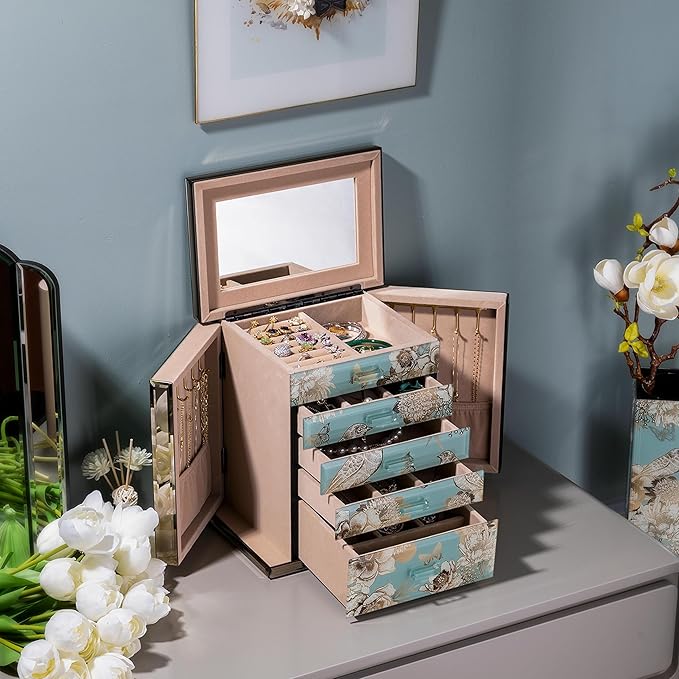 High End Glass Jewelry Box - 5 Layer Jewelry Organizer with 2-Sided Doors and Mirror - Velvet-Lined Organizer For Ring, Necklace, Earring, Bracelet Storage -Valentine's Day Gift For Women