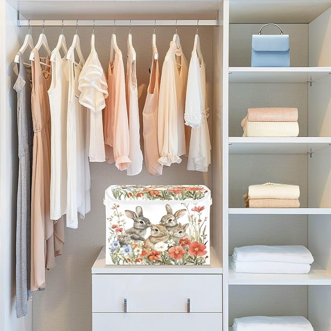 senya Easter Baskets Collapsible Storage Bins with Lids, Red Flowers Bunnies Storage Boxes Clothes Baskets for Organizing