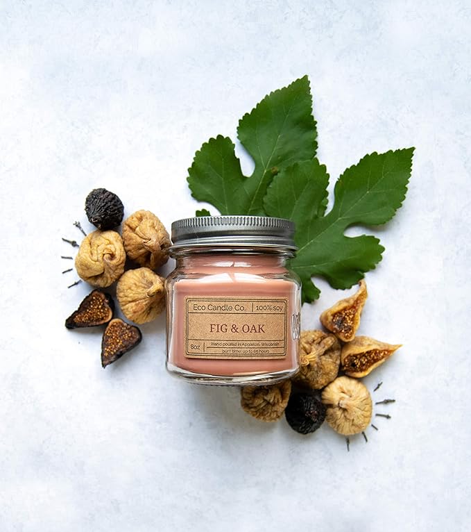 ECO CANDLE CO. Mason Jar Candle, Fig & Oak, 8 oz. - Scents of Figs, Cranberries, Leather, & Musk - 100% Soy Wax, No Lead, Kraft Label & Antiqued Pewter Lid, Hand Poured, Midwest Grown Soybeans