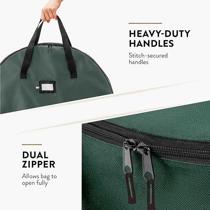 ZOBER 2 Pack Oxford Christmas Wreath Storage Container 24 Inch - Wreath Bag for Artificial Wreaths Box - Waterproof Fabric, Dual Zippered Wreaths Storage Bag With Strong Durable Handles - Green
