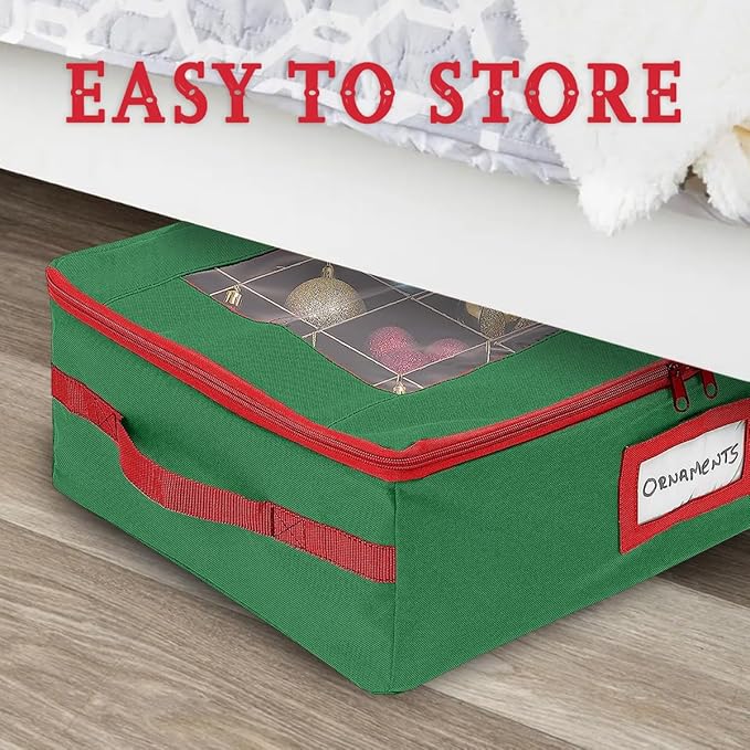 HOLDN’ STORAGE Christmas Ornament Storage Box with Dividers - Fits 48-3” Ornaments, 2 Removable Trays, Durable & Space-Saving, Clear Top Lid, Fits Underbed, Green