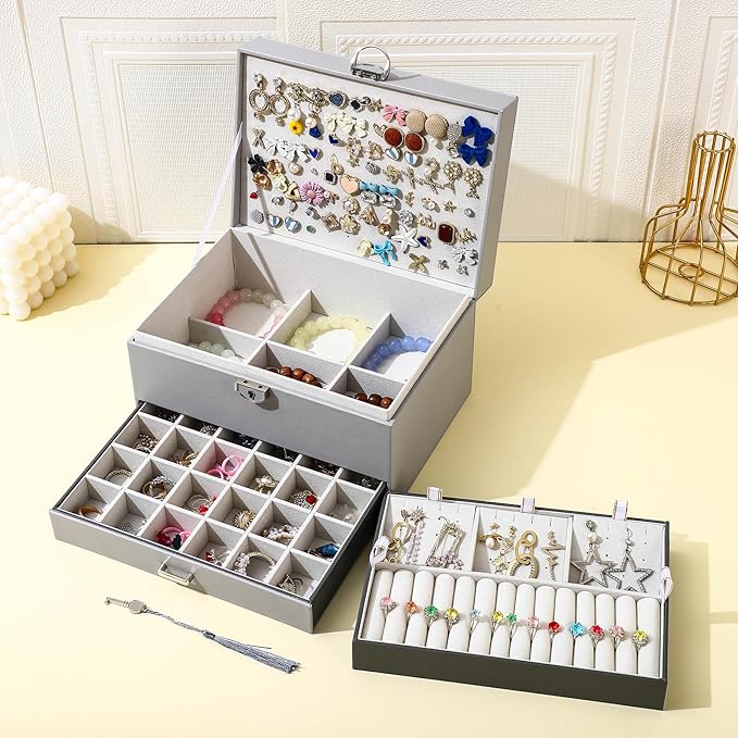 BOOVO Earring Jewelry Box For Women Girl Stud Organizer, 5 Layers Girl Jewelry Organizer Box With Lock Earring Holder Organizer Necklace Ring Jewelry Organizer Box For Girls (grey)