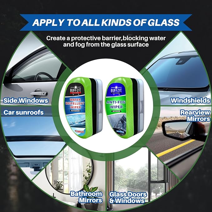 BUFFZIT Car Water Repellent & Anti-Fog for Windshield – Quick & Easy Defogging Interior/Exterior Glass Cleaning Bundle, Long-Lasting Hydrophobic Coating for Clear Vision in Rain & Fog – Pack of 2