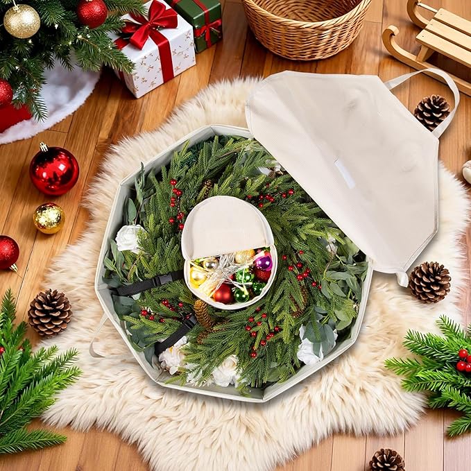 Wreath Storage Christmas Garlands Bag with Interior Pockets Large Xmas Container Box for Holiday Decorations Case with Zipper Handles Window Labeling Card Slot 24" Houndstooth