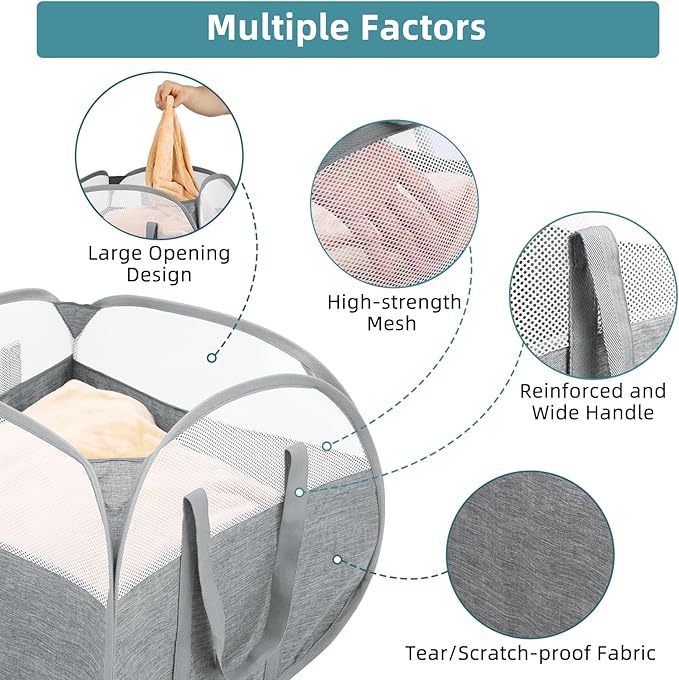 Collapsible Laundry Baskets, 90L Large Foldable Laundry Basket, Tear-proof Pop Up Hampers for Laundry, Dirty Clothes Laundry Hamper for Bedroom, Bathroom, Dorm, Laundry Room, Travel or Camping Grey