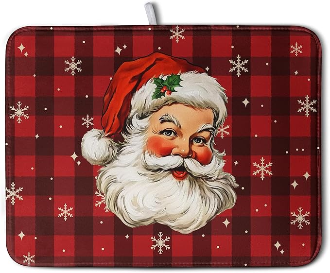 Kwlegh Santa Claus Christmas Dish Drying Mat Xmas Red and Black Buffalo Plaid Snowflake Drying Mats Winter Holiday Dishes Drying Pad Microfiber Absorbent Dish Drainer Rack Mat 18x24 Inch