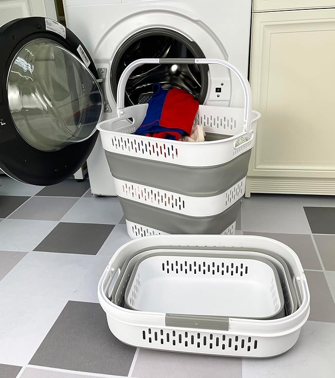 SAMMART 38L(10 Gal) Collapsible Laundry Basket - Foldable Pop-Up Storage Container/Organizer-Portable Space Saving Hamper, Measure 17.5x13.3x15.7"/3.8" Expanded/Collapsed (2, White/Grey)