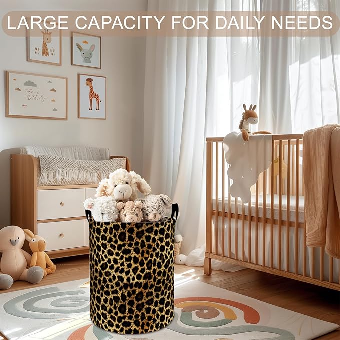 Leopard Print Laundry Basket Hamper 19.7"x15.8", Animal Foldable Waterproof Oxford Clothes Storage Bucket for Room Bathroom Bedroom Nursery Decor, Toy Organizer Bins Gifts for Kids Boys Girls