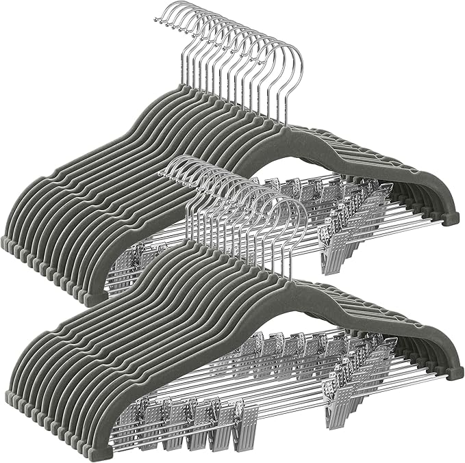 SONGMICS 30 Pack Pants Hangers, 16.7 Inches Long Velvet Trousers Hangers with Adjustable Clips, Heavy-Duty, Non-Slip, Space-Saving for Pants, Skirts, Coats, Dresses, Tank Tops, Gray UCRF12V30