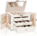 AKOZLIN 4-Tier Jewelry Box Lockable Leather Jewelry Storage Case Organizer with 3 Drawers for Women Girls Ring Necklace Earring Bracelet Watches Holder with Mirror