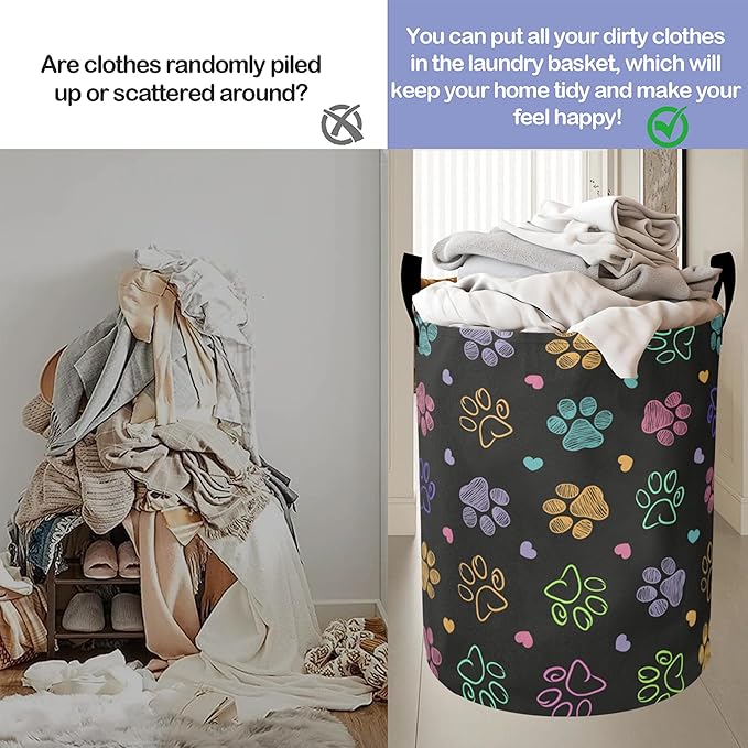 Colorful Paw Print Laundry Hamper Large Canvas Fabric Lightweight Storage Basket/Dirty Clothes Collapsible Waterproof for College Dorms, Boys and Girls Bedroom,Bathroom
