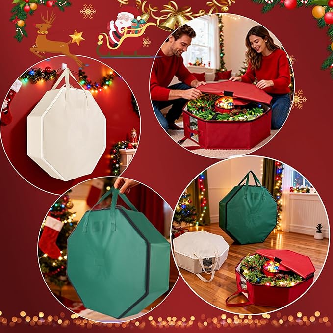2 Pack Wreath Storage Christmas Garlands Bag with Interior Pockets Large Xmas Container Box for Holiday Decorations Case with Dual Zipper and Handles Window Labeling Card Slot 24" Green