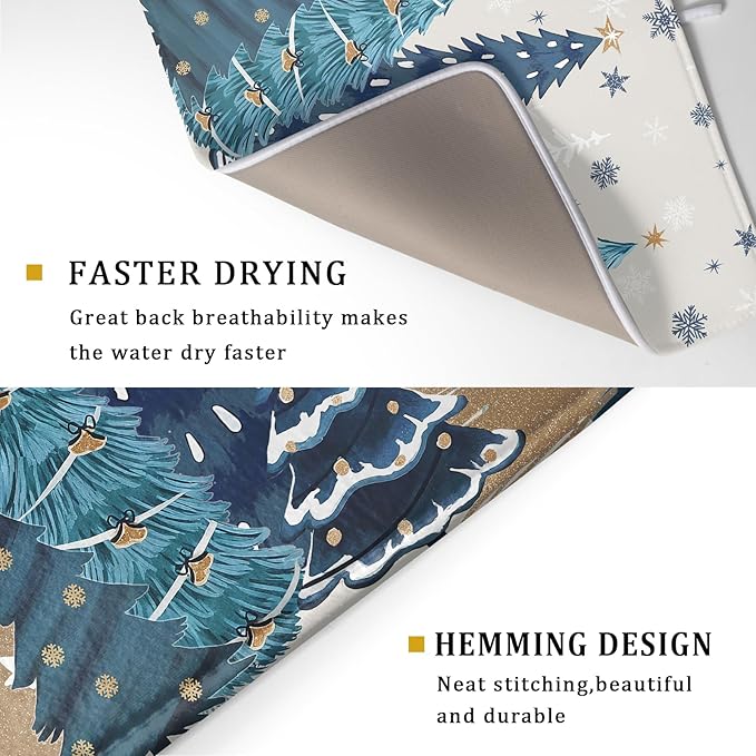 Christmas Tree Dish Drying Mat for Kitchen Counter 24x18 Inch Xmas Snowflake Drying Mat with Absorbent Reversible Microfiber House Blue Trees Dish Drainer Mats Rack Pad for Coffee Countertop Protector