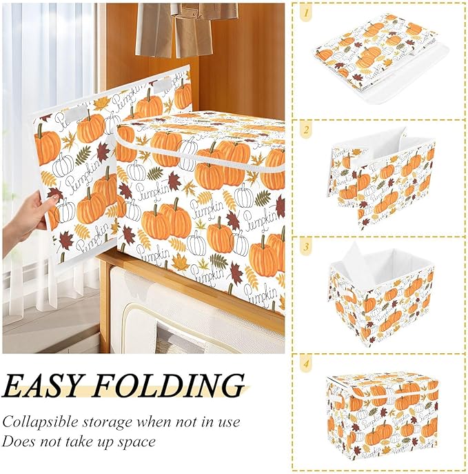Thanksgiving Baskets Collapsible Storage Bins with Lids, Pumpkin Leaf Fall Autumn Thanksgiving Storage Boxes Clothes Baskets for Organizing