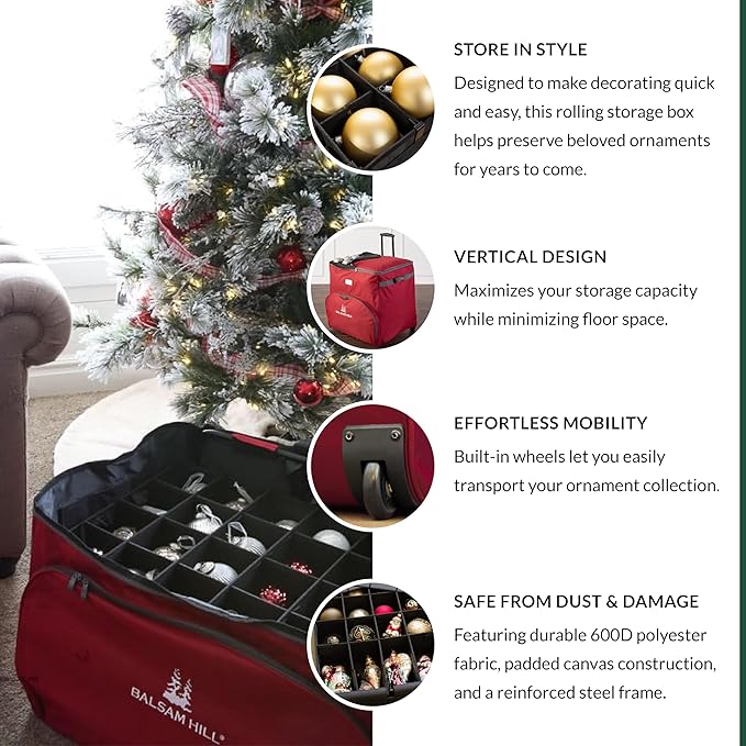 Balsam Hill Deluxe Rolling Ornament Chest - 100pc Christmas Decoration Storage with Dividers & Trays