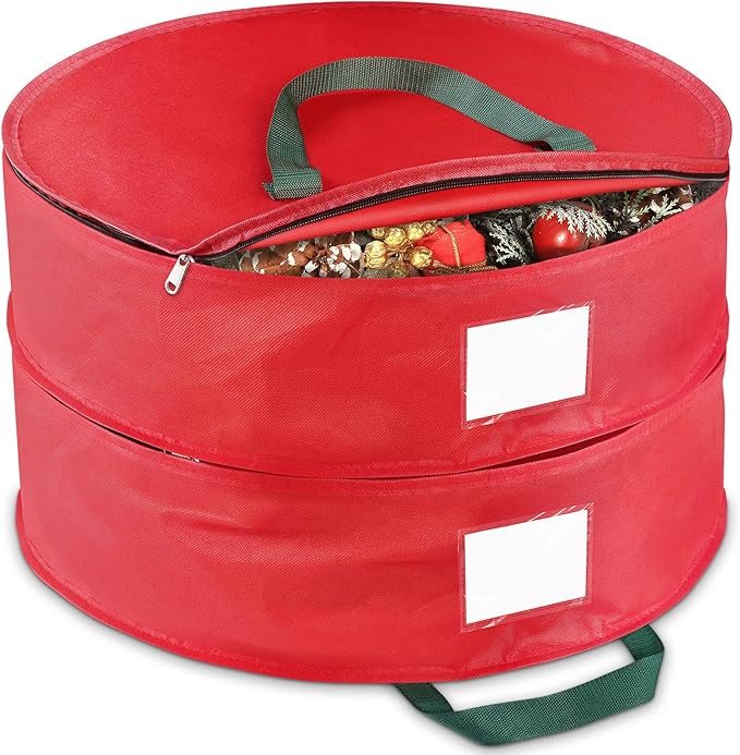 Wreath Storage Container, 2 Park Stacking Christmas Wreath Storage Bags with Dual Zipper and Handles, Dust, Pest Protection,Holiday Wreaths Storage Holder 30” (RED)