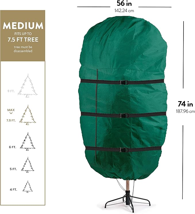 ZOBER Upright Christmas Tree Storage Bag With Drawstring Hem- Fits 7.5 Ft Trees - Oxford Waterproof Fabric Christmas Tree Bag For Storage Box For Xmas - Strong, Durable Straps & Handles - Green