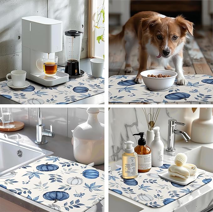 Wnoesat Fall Dish Drying Mat Blue Pumpkin Maple Leaves Drying Mats for Kitchen Counter 18x24 Inch Autumn Thanksgiving Absorbent Microfiber Dish Draining Mat Dishes Pad with Hanging Loop