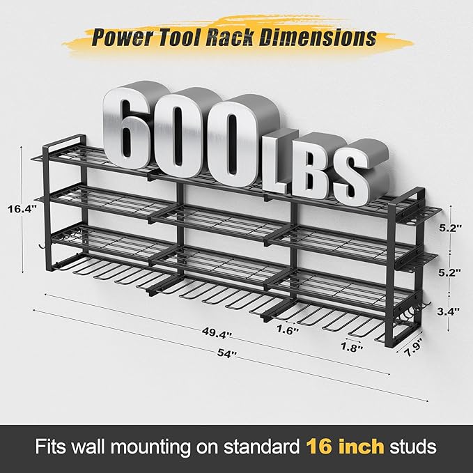 49.4'' Large Power Tool Organizer Wall Mount, 4-Tier Tool Storage Rack with 12 Drill Holders, 600LBS Load Heavy Duty Cordless Tool Shelf for Garage Organization, Gift for Men