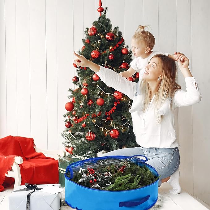 4 Pack Wreath Storage Container, 24 Inch Christmas Wreath Storage Box with Clear Window and Handles Upgrade Oxford Cloth Garland Bags with Dual Zipper for Xmas Wrapping, Blue