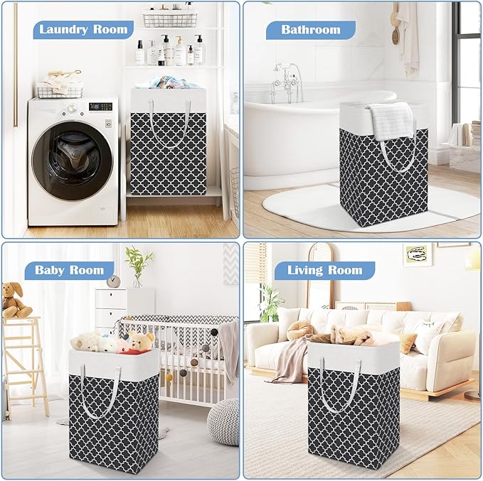BlissTotes 3-Pack Laundry Basket, Freestanding＆Waterproof Laundry Hamper, Collapsible Tall Clothes Hamper with Easy Carry Handles for Clothes, Towels in the Family and Dorm,Clover Black,88L
