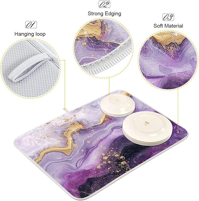 Marble Purple Gold Dish Drying Mat for Kitchen Countertop 16x18 Tie Dye Rectangle Small Drying Mat Reusable Quick Dry Dish Sink Absorbent Mats Dishwasher Easy Clean Decorative Home Decor Essentials