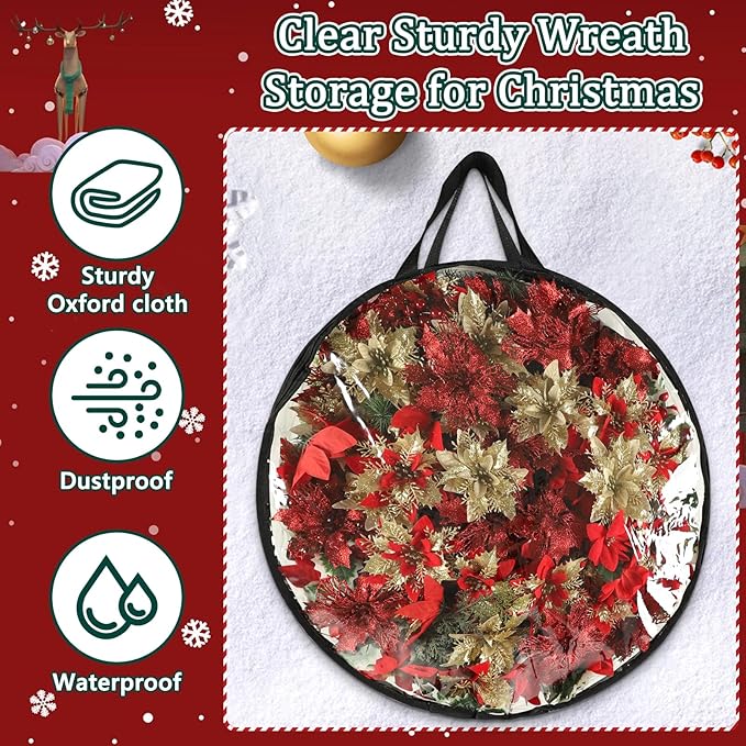 4 Pcs Christmas Wreath Storage Bag, 24 Inch Clear Black Edging Xmas Wreath Storage Container, Garland Holiday Artificial Wreath Storage Holder, Water Proof Transparent PVC with Handles