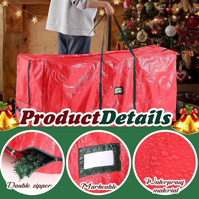 Amylove 4 Pcs Large Christmas Tree Storage Bags Heavy Duty Xmas Zippered Bags Bulk Waterproof Plastic Christmas Tree Container with Carry Handles(9 Ft/ 7.5 Ft/ 4.5 ft,Red/Green)