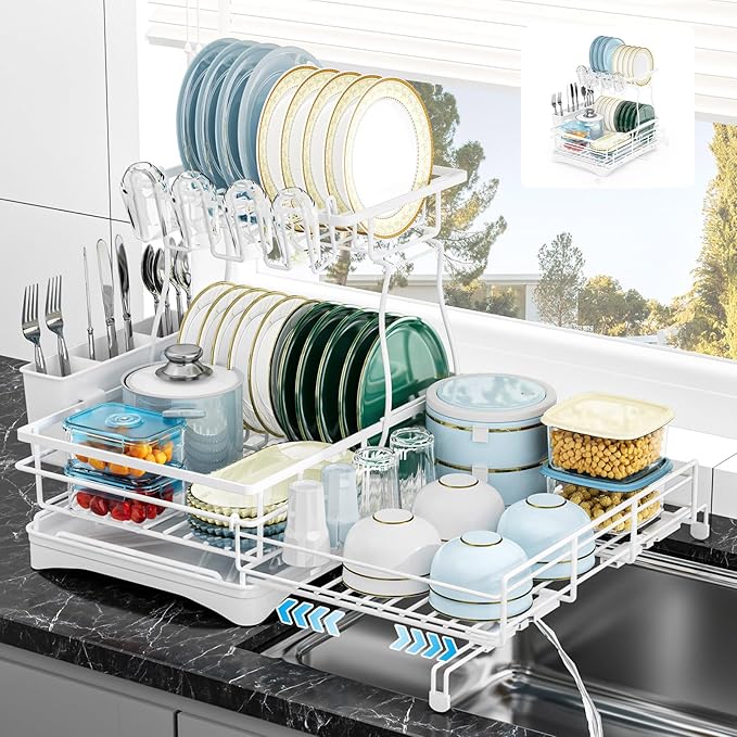 2 Tier Dish Drying Rack, Large Extendable Dish Racks for Kitchen Counter or Over Sink, Dishrack with Drainboard, 2-in-1 Anti-Rust Stainless Steel Dish Drainer with Utensil Holder & Cup Holder (white)
