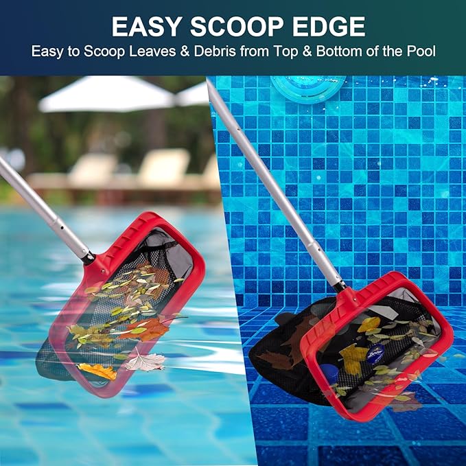 Pool Skimmer Net, Upgraded Pool Net Skimmer with Double-Layer Netting Bag, Larger Capacity Pool Nets for Cleaning Finest Debris, Thickened Frame Pool Leaf Net Reinforced with Grid Structure