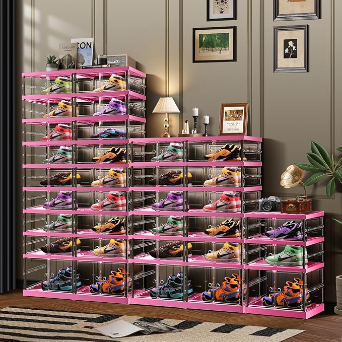 6-Tier Foldable Shoe Rack for Closet Entryway 6-12Pairs, Stackable Clear Shoe Storage Boxes Organizer with Door Plastic Small Shoe Cabinet Bins with Lids Shoes Shelf Easy Assembly（Black-Pink）