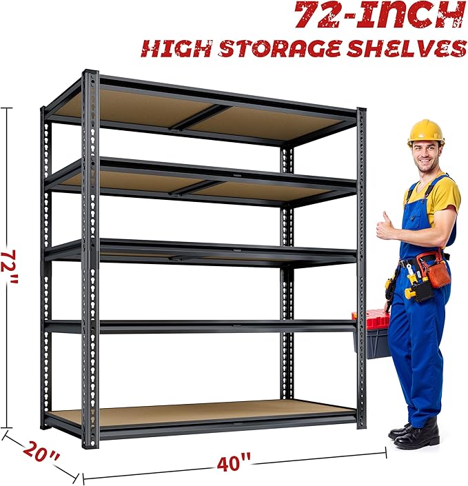 72"H Storage Shelves heavy duty Shelving, 2425LBS Garage Shelving, 5 Tier Metal Shelving Unit Adjustable Garage Shelves, Garage Storage Shelves for Warehouse Pantry Closet,40" W × 20" D × 72" H, Black