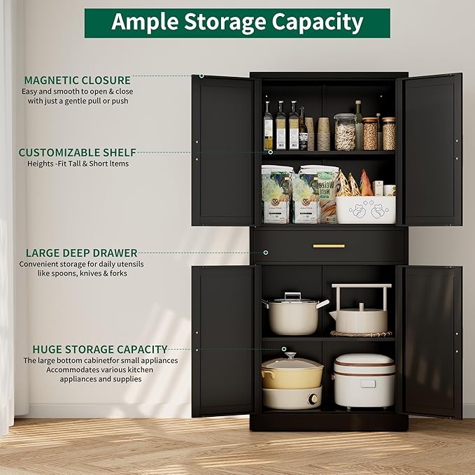 CJF White Kitchen Pantry Cabinet, 71 Inch Tall Metal Storage Cabinet with Adjustable Shelves and 1 Drawer, Freestanding Pantry Cabinet for Kitchen, Living Room, Dining Room, Bathroom, Easy to Assemble