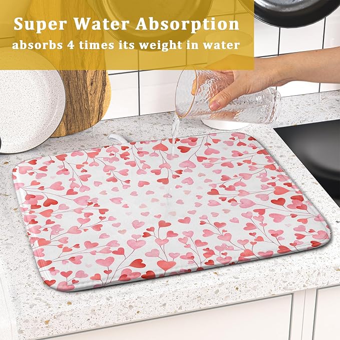 Valentines Day Dish Drying Mat for Kitchen Counter 18x16 Inch Love Drying Mat with Absorbent Reversible Microfiber Pink Heart Dish Drainer Mats Rack Pad for Coffee Countertop Protector