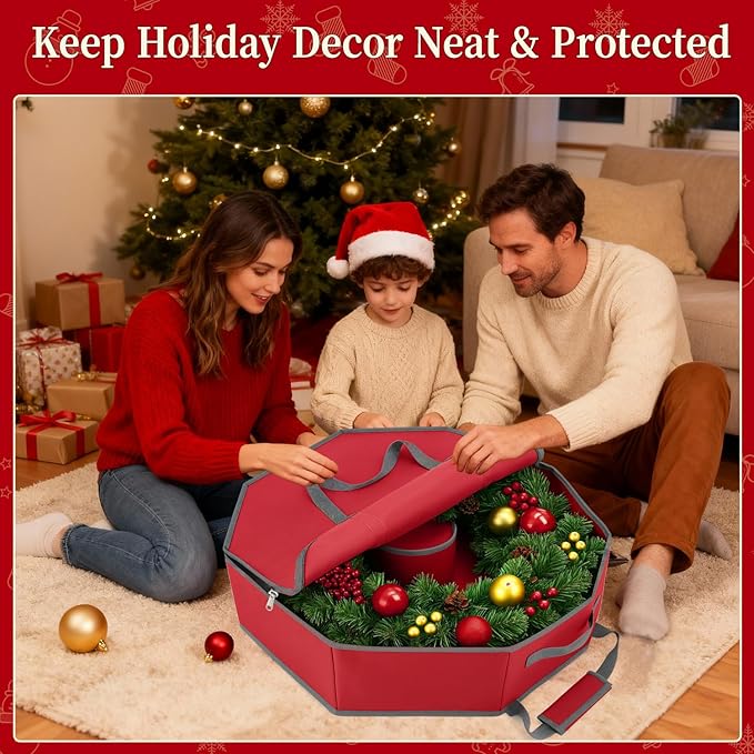 Christmas Wreath Storage Container, 24 Inch Tear-Resistant Dustproof Wreath Bag with Interior Pockets & Dual Handles and Zipper for Garland Ornament Holiday Decor Organizer
