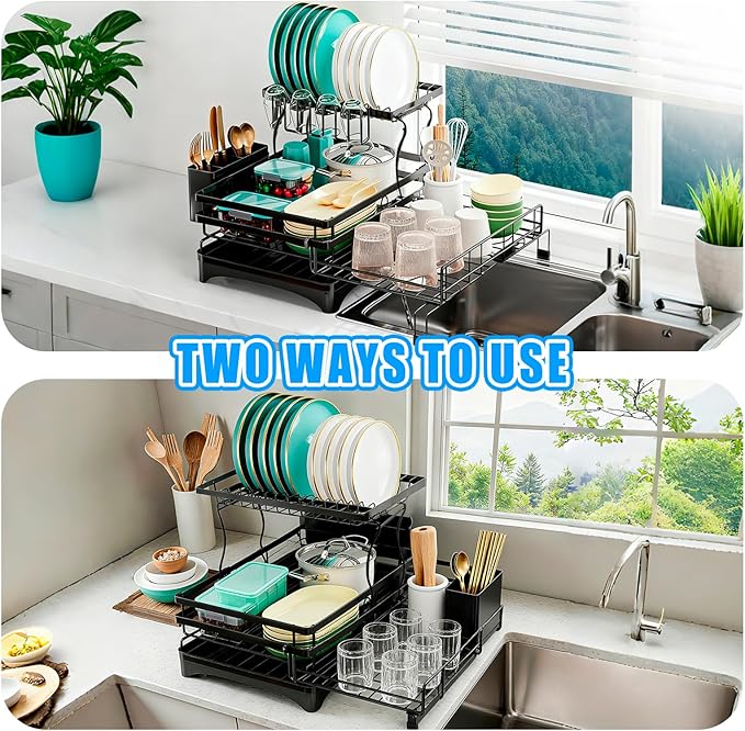Suouezi Extendable 2 Tier Stainless Steel Dish Drying Rack | Large Over-The-Sink Rust-Resistant Rack | High Capacity with Utensil Holder | Efficient Kitchen Counter Organization & Space Saving