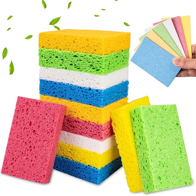 VUKOKU 12 PCS Kitchen Sponges, Natural Compressed Cellulose Sponges, Non-Scratch Reusable Sponges for Kitchen Dish Washing, Scrub Sponge for Cleaning, Bathroom, Cars, Cut-Outs DIY