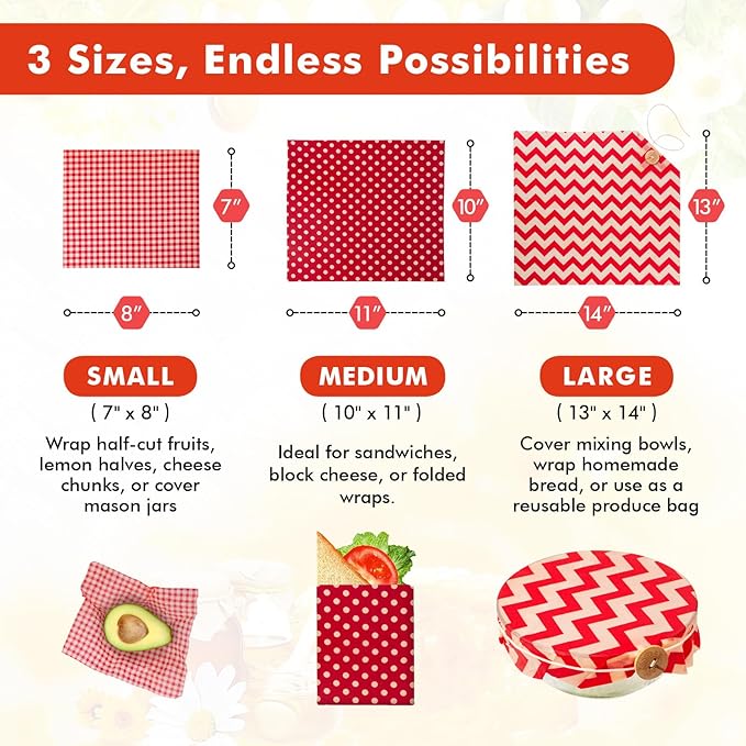 Beeswax Wraps for Food, 3 Pack (S, M, L) Reusable Food Wraps, Bread Sandwich Wrap, Beeswax Paper with Bukcle, Zero Waste, Plastic-Free Food Storage Wrap
