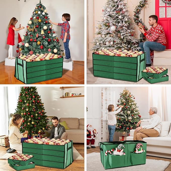 Christmas Ornament Storage Box, Ornament Organizer with 8 Removable Trays and Adjustable Dividers Holds 128 Pcs Decoration Balls, Dual Zipper for Christmas Ornament Storage (Green)