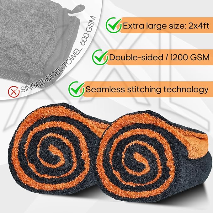 PBHEPJ 2-Pack XXL (48"x 24") Microfiber Car Drying Towel, Double-Sided Car Cleaning Towel with Twisting Yarn Technique, 1200GSM Super Absorbent, Scratch-Free, Machine Washable