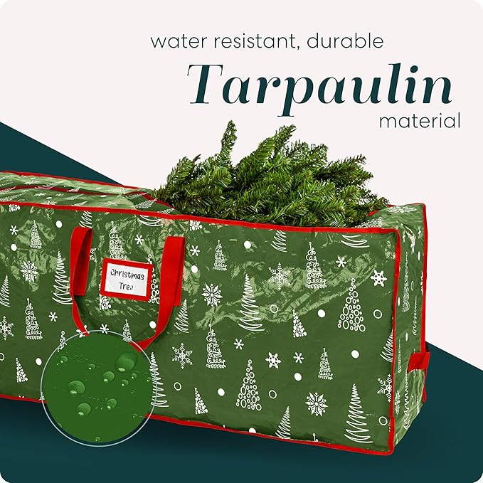 Christmas Tree Storage Bag - Stores 7.5 Foot Artificial Xmas Holiday Tree, Durable Waterproof Material, Zippered Bag, Carry Handles - Protects Against Dust, Insects & Moisture (Green Printed)