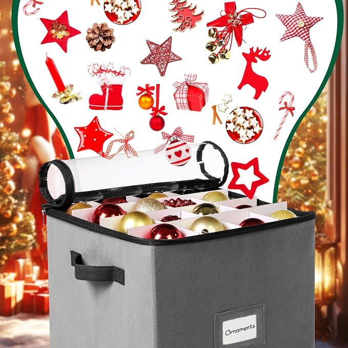 CHENGU 2-pack Christmas Ornament Storage Stores up to 64 Christmas Ball Accessories Holder with Adjustable Dividers, Zippered Closure Two Handles for Holiday Ornaments and Xmas Decorations(Grey)